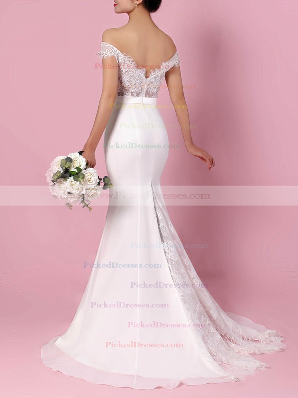 Trumpet/Mermaid Off-the-shoulder Sweep Train Lace Chiffon Sashes / Ribbons Wedding Dresses #PDS00023358
