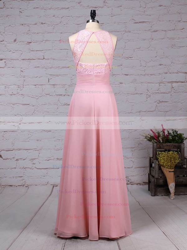 A-line Scoop Neck Lace Chiffon Floor-length Ruffles Bridesmaid Dresses #PDS01013465