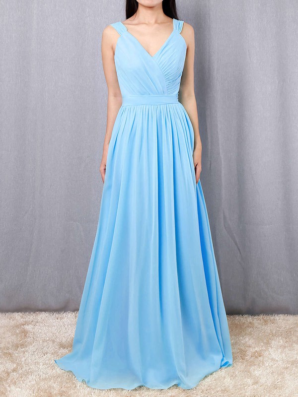A-line V-neck Chiffon Floor-length Sashes / Ribbons Bridesmaid Dresses #PDS01013520