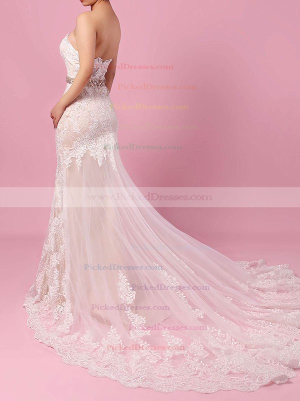 Trumpet/Mermaid Sweetheart Lace Tulle Watteau Train Sashes / Ribbons Wedding Dresses #PDS00023140