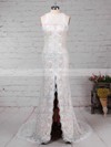 Sheath/Column Scoop Neck Lace Sweep Train Split Front Wedding Dresses #PDS00023287