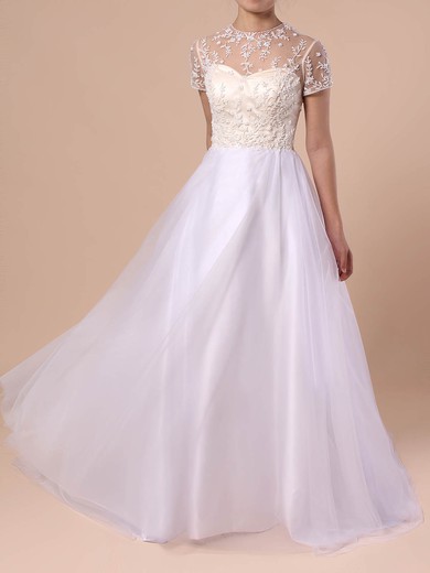 Princess Scoop Neck Tulle Sweep Train Beading Wedding Dresses #PDS00023351