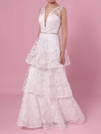 A-line V-neck Lace Sweep Train Beading Wedding Dresses #PDS00023353