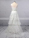 A-line V-neck Lace Sweep Train Beading Wedding Dresses #PDS00023353