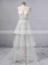 A-line V-neck Lace Sweep Train Beading Wedding Dresses #PDS00023353