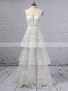 A-line V-neck Lace Sweep Train Beading Wedding Dresses #PDS00023353