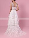 A-line V-neck Lace Sweep Train Beading Wedding Dresses #PDS00023353