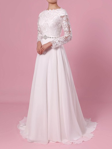 A-line Scoop Neck Lace Chiffon Sweep Train Beading Wedding Dresses #PDS00023355