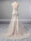 A-line V-neck Tulle Sweep Train Appliques Lace Wedding Dresses #PDS00023356