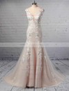 A-line V-neck Tulle Sweep Train Appliques Lace Wedding Dresses #PDS00023356