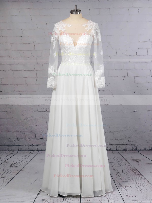 A-line Scoop Neck Chiffon Tulle Floor-length Beading Wedding Dresses #PDS00023359
