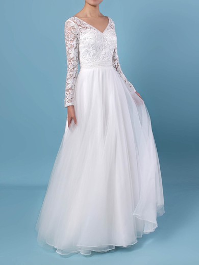A-line V-neck Lace Tulle Floor-length Wedding Dresses #PDS00023370
