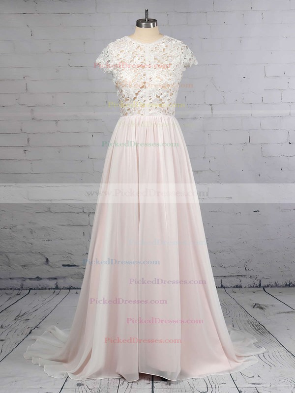 A-line Scoop Neck Lace Chiffon Floor-length Wedding Dresses #PDS00023373
