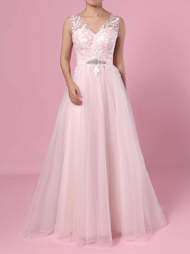 Princess V-neck Tulle Sweep Train Appliques Lace Wedding Dresses #PDS00023381