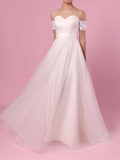 Princess Off-the-shoulder Tulle Sweep Train Sashes / Ribbons Wedding Dresses #PDS00023388