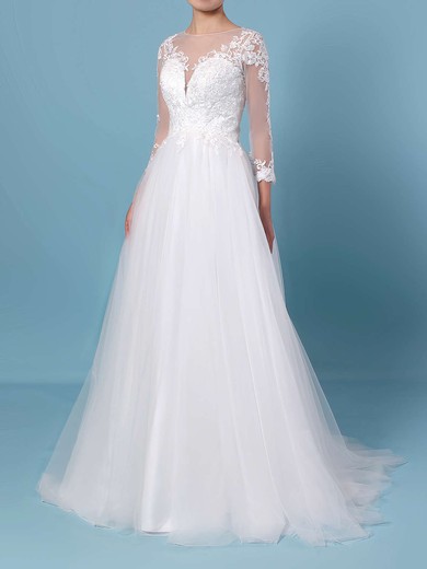 Princess Scoop Neck Tulle Sweep Train Appliques Lace Wedding Dresses #PDS00023389