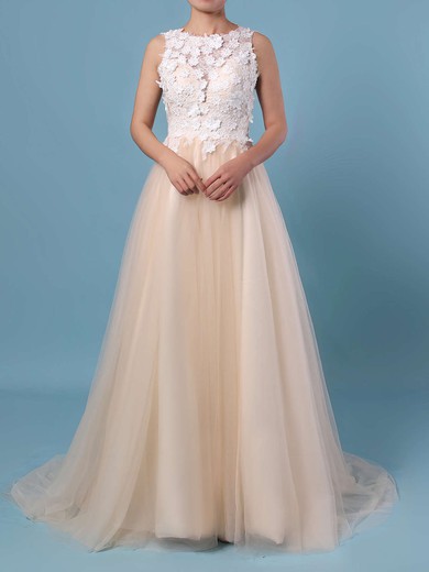 A-line Scoop Neck Lace Tulle Sweep Train Appliques Lace Wedding Dresses #PDS00023395