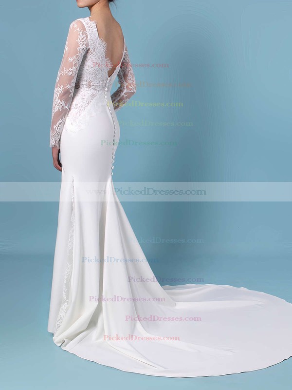 Trumpet/Mermaid Scalloped Neck Lace Silk-like Satin Sweep Train Appliques Lace Wedding Dresses #PDS00023401