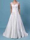 Ball Gown V-neck Lace Satin Sweep Train Pockets Wedding Dresses #PDS00023403