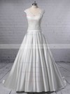 Ball Gown V-neck Lace Satin Sweep Train Pockets Wedding Dresses #PDS00023403
