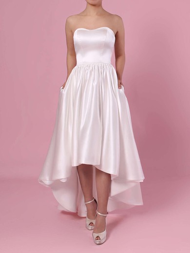 Princess Strapless Satin Asymmetrical Pockets Wedding Dresses #PDS00023426