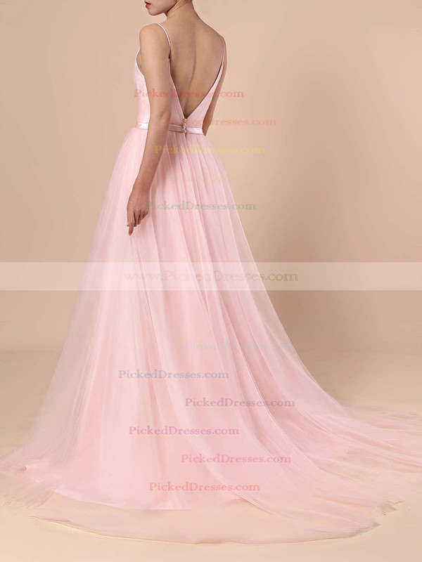 A-line V-neck Tulle Sweep Train Sashes / Ribbons Wedding Dresses #PDS00023430