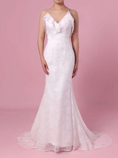 Sheath/Column V-neck Lace Sweep Train Wedding Dresses #PDS00023439
