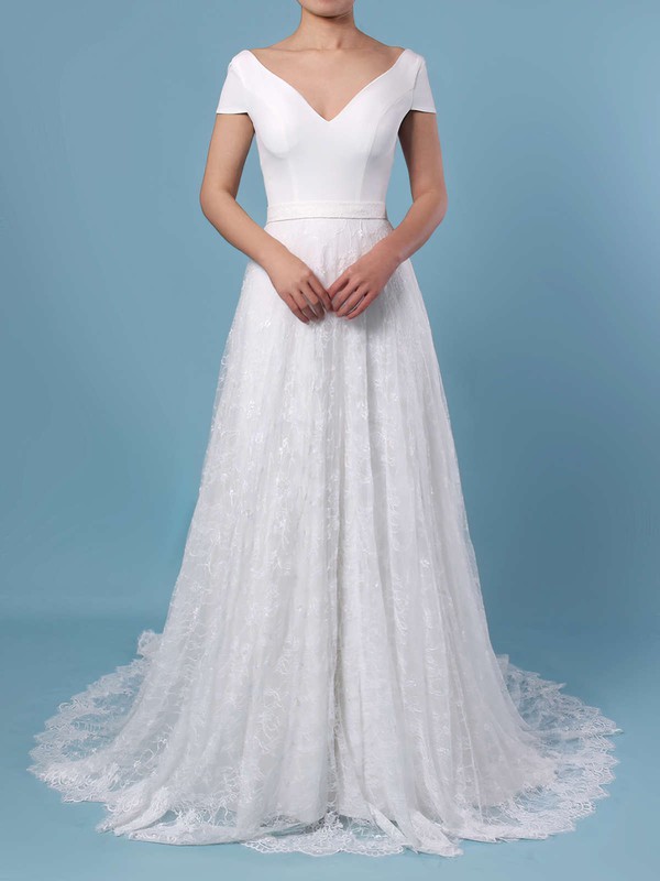 A-line Scoop Neck Lace Sweep Train Sashes / Ribbons Wedding Dresses #PDS00023448