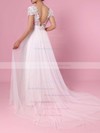 A-line V-neck Lace Tulle Sweep Train Sashes / Ribbons Wedding Dresses #PDS00023453