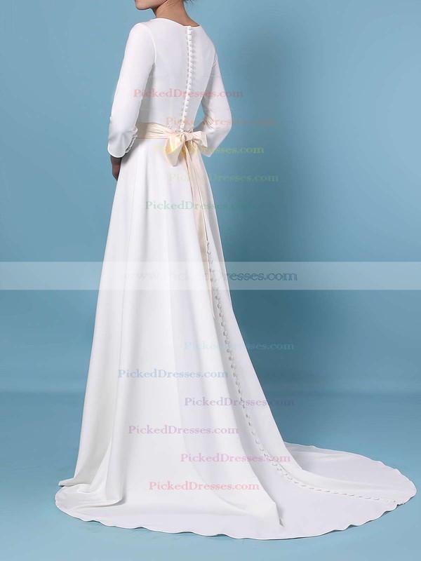 A-line Scoop Neck Satin Sweep Train Sashes / Ribbons Wedding Dresses #PDS00023461