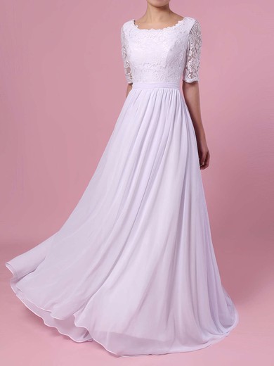 A-line Scoop Neck Lace Chiffon Sweep Train Sashes / Ribbons Wedding Dresses #PDS00023464