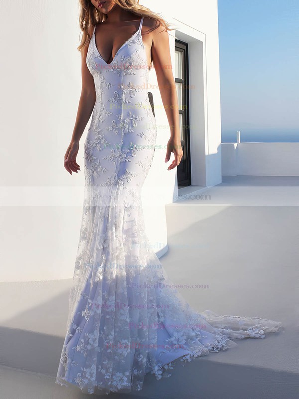 Lace Trumpet/Mermaid V-neck Sweep Train Appliques Lace Wedding Dresses #PDS00023470