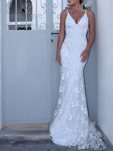 Lace Trumpet/Mermaid V-neck Sweep Train Appliques Lace Wedding Dresses #PDS00023470