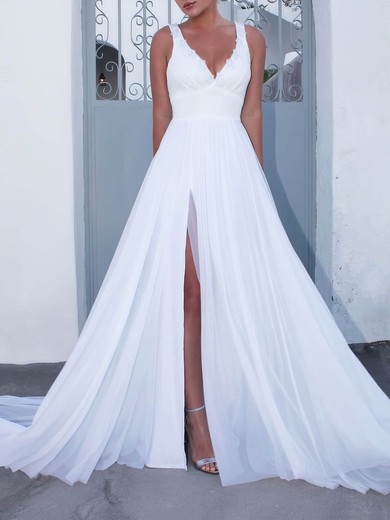 Chiffon A-line V-neck Sweep Train Appliques Lace Wedding Dresses #PDS00023475