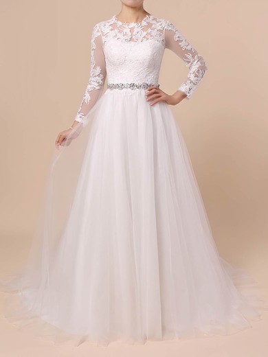 Ball Gown Scoop Neck Sweep Train Tulle Appliques Lace Wedding Dresses #PDS00023354