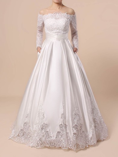 Ball Gown Off-the-shoulder Floor-length Lace Satin Beading Wedding Dresses #PDS00023376