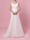 Trumpet/Mermaid V-neck Sweep Train Lace Sashes / Ribbons Wedding Dresses #PDS00023378