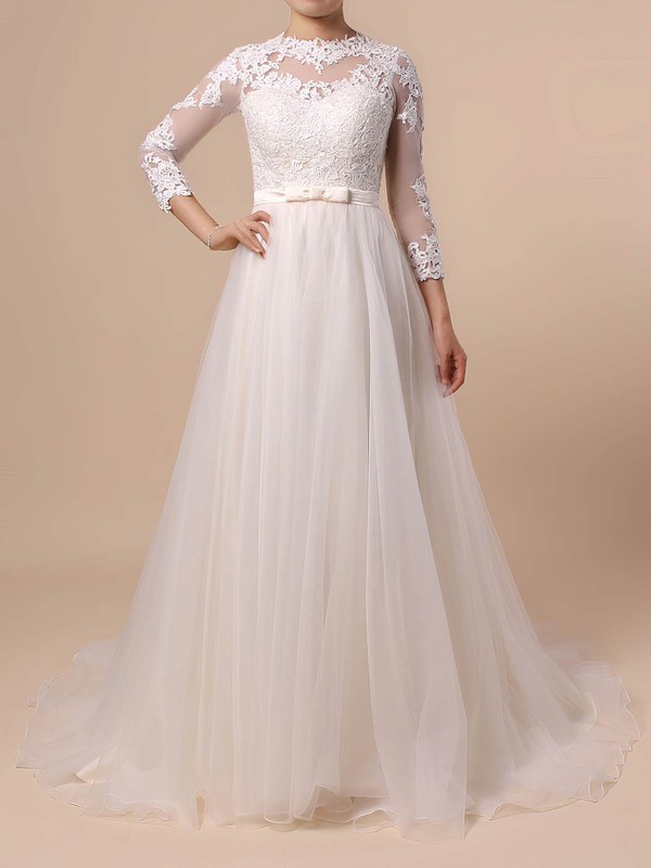 Princess Scoop Neck Sweep Train Tulle Appliques Lace Wedding Dresses #PDS00023382