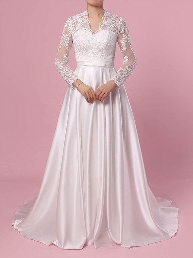 Ball Gown V-neck Sweep Train Satin Tulle Appliques Lace Wedding Dresses #PDS00023383
