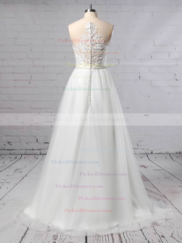 A-line Scoop Neck Sweep Train Tulle Beading Wedding Dresses #PDS00023384