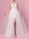 A-line Scoop Neck Sweep Train Tulle Beading Wedding Dresses #PDS00023384