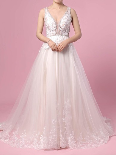 Princess V-neck Sweep Train Tulle Beading Wedding Dresses #PDS00023386