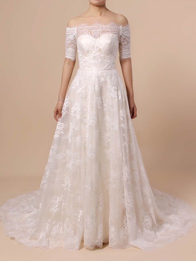 Princess Off-the-shoulder Sweep Train Lace Wedding Dresses #PDS00023397