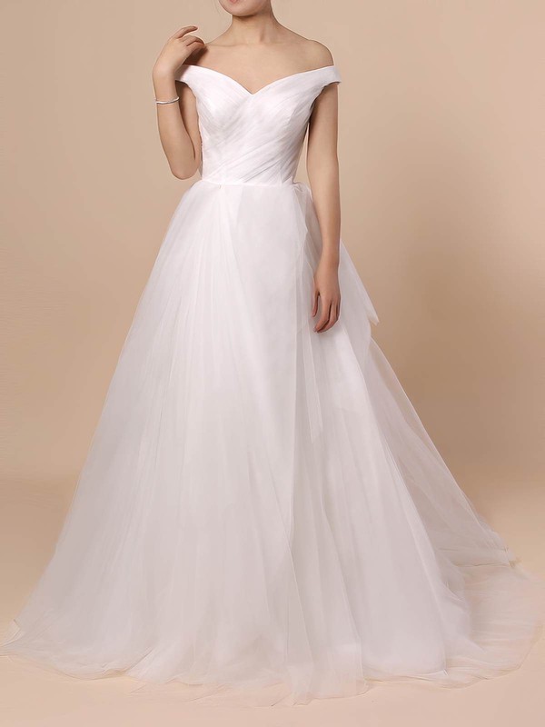 Ball Gown Off-the-shoulder Sweep Train Tulle Ruffles Wedding Dresses #PDS00023404