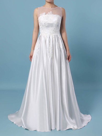 Princess Scoop Neck Sweep Train Satin Tulle Appliques Lace Wedding Dresses #PDS00023420