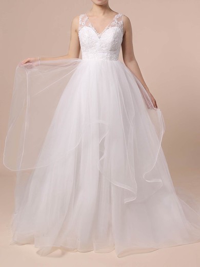 Princess V-neck Sweep Train Lace Tulle Cascading Ruffles Wedding Dresses #PDS00023422