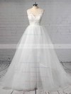 Princess V-neck Sweep Train Lace Tulle Cascading Ruffles Wedding Dresses #PDS00023422
