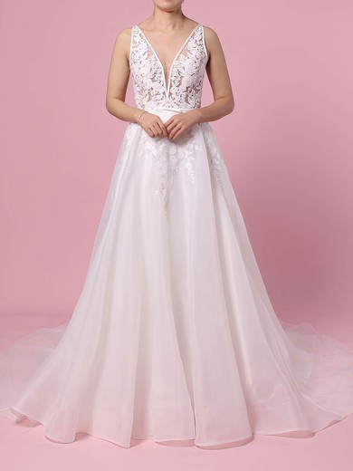 A-line V-neck Sweep Train Organza Tulle Appliques Lace Wedding Dresses #PDS00023442