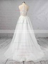 A-line V-neck Sweep Train Organza Tulle Appliques Lace Wedding Dresses #PDS00023442