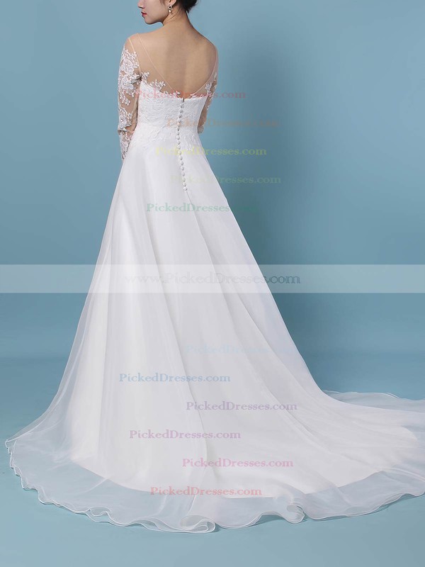 A-line Scoop Neck Sweep Train Organza Tulle Appliques Lace Wedding Dresses #PDS00023444